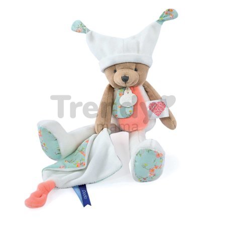 Plyšový medvedík s handričkou Plush Bear White Doudou et Compagnie s QR kódom na rozprávky biely 35 cm od 0 mes