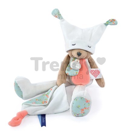 Plyšový medvedík s handričkou Plush Bear White Doudou et Compagnie s QR kódom na rozprávky biely 35 cm od 0 mes