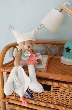 Plyšový medvedík s handričkou Plush Bear White Doudou et Compagnie s QR kódom na rozprávky biely 35 cm od 0 mes