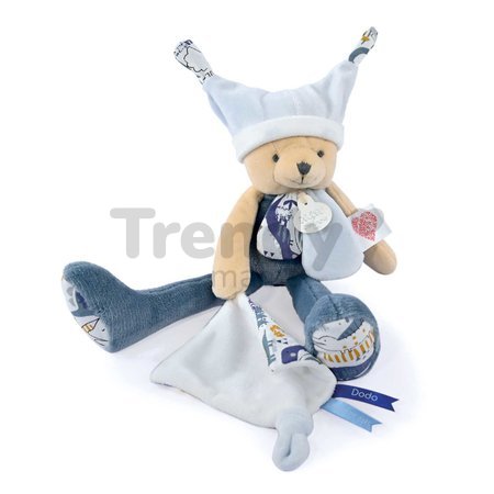 Plyšový medvedík s handričkou Plush Bear Blue Doudou et Compagnie s QR kódom na rozprávky modrý 35 cm od 0 mes