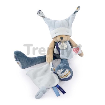 Plyšový medvedík s handričkou Plush Bear Blue Doudou et Compagnie s QR kódom na rozprávky modrý 35 cm od 0 mes