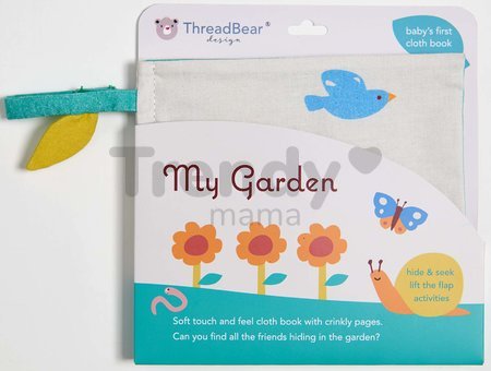 Textilná knižka My Garden Activity Book ThreadBear zvieratká v záhrade 100% jemná bavlna od 0 mes