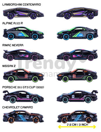 Autíčko Neon Racer Premium Majorette din metal, 6 tipuri diferite, cu piese care se deschid; lungime 7,5 cm; 1:64