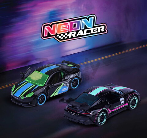 Autíčko Neon Racer Premium Majorette din metal, 6 tipuri diferite, cu piese care se deschid; lungime 7,5 cm; 1:64