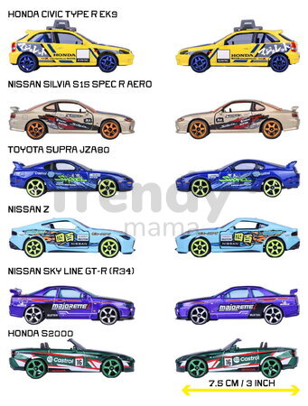 Mașinuță JDM Legends Deluxe Majorette metalice, 6 tipuri diferite, cu cutie de colecție; lungime 7,5 cm; 1:64