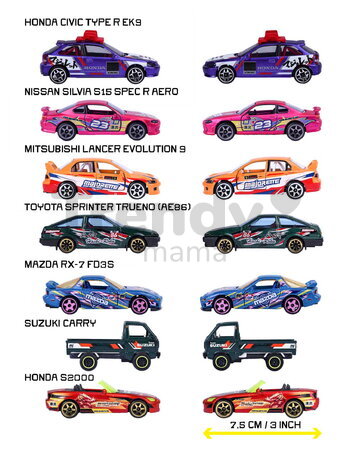 Mașinuță JDM Legends Deluxe Majorette metalice, 6 tipuri diferite, cu cutie de colecție; lungime 7,5 cm; 1:64
