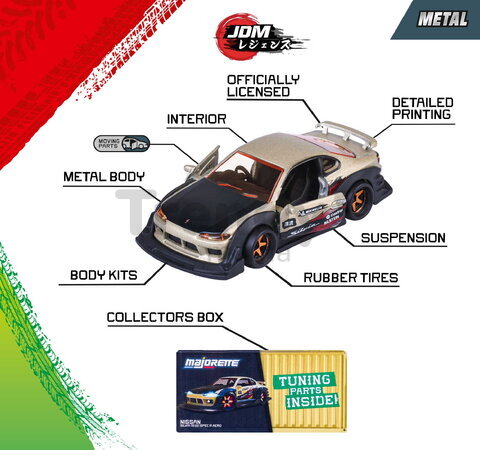 Mașinuță JDM Legends Deluxe Majorette metalice, 6 tipuri diferite, cu cutie de colecție; lungime 7,5 cm; 1:64