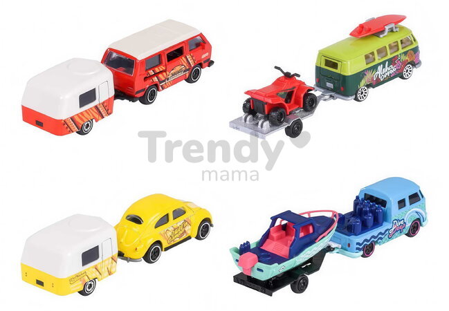 Autíčko s prívesom VW The Originals Trailer Majorette kovové s odpružením 13 cm dĺžka 4 druhy