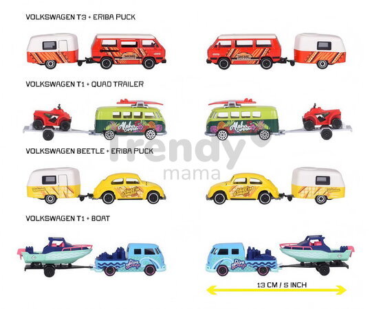 Autíčko s prívesom VW The Originals Trailer Majorette kovové s odpružením 13 cm dĺžka 4 druhy