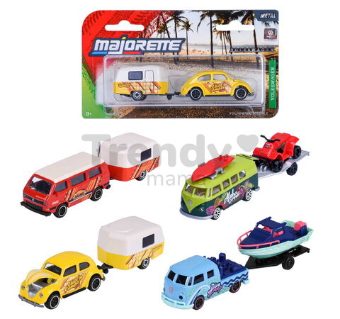 Autíčko s prívesom VW The Originals Trailer Majorette kovové s odpružením 13 cm dĺžka 4 druhy