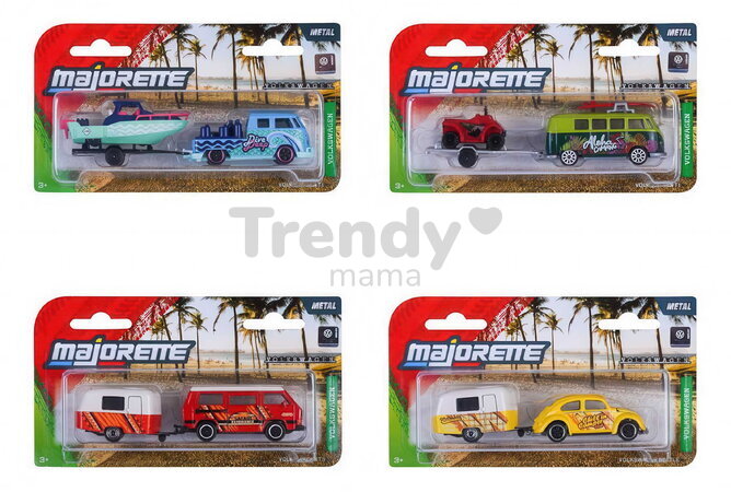 Autíčko s prívesom VW The Originals Trailer Majorette kovové s odpružením 13 cm dĺžka 4 druhy