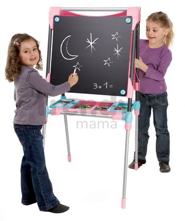 Školská tabuľa na hranie magnetická Smoby obojstranná, polohovateľná so skrinkou a 80 doplnkami ružová