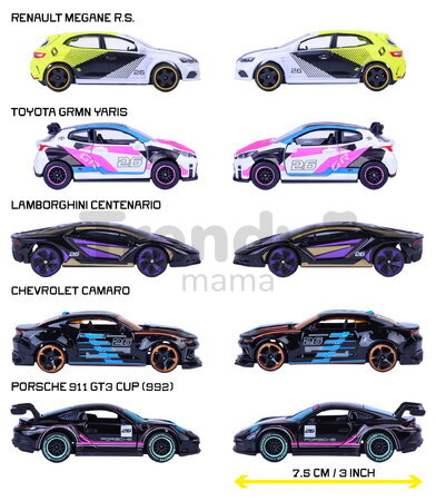 Autíčka Neon Racer 5 Giftpack Majorette set metalic de 5 tipuri, în ambalaj cadou, lungime 7,5 cm