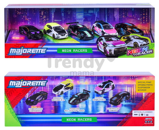 Autíčka Neon Racer 5 Giftpack Majorette set metalic de 5 tipuri, în ambalaj cadou, lungime 7,5 cm