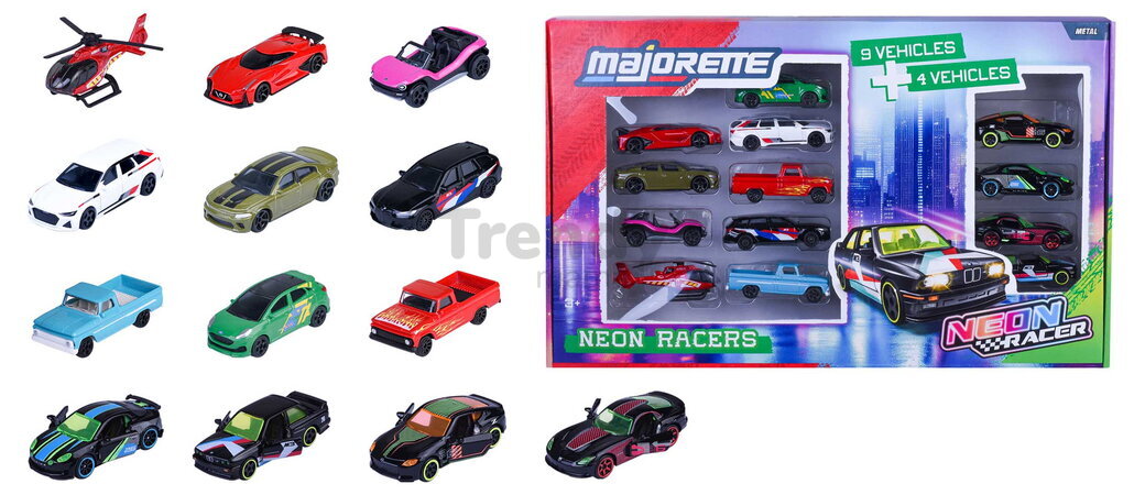 Autíčka Neon Racer Giftpack Majorette set metalic de 14 tipuri, în ambalaj cadou, lungime 7,5 cm, 1:64