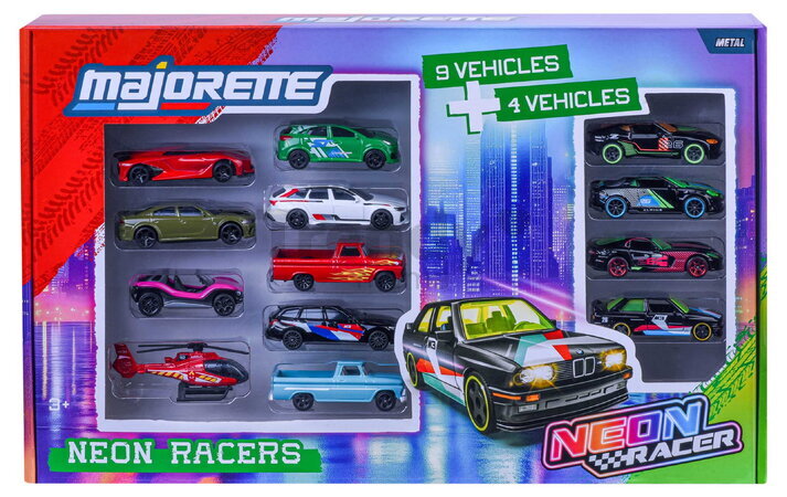 Autíčka Neon Racer Giftpack Majorette set metalic de 14 tipuri, în ambalaj cadou, lungime 7,5 cm, 1:64