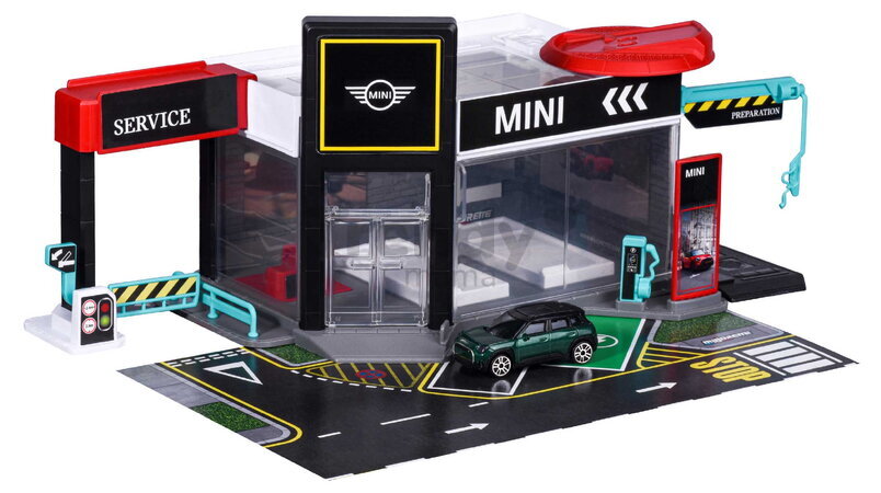 Garaj cu platformă de prezentare Mini Showroom Majorette cu model metalic de mașinuță Mini 1:64, de la 5 ani