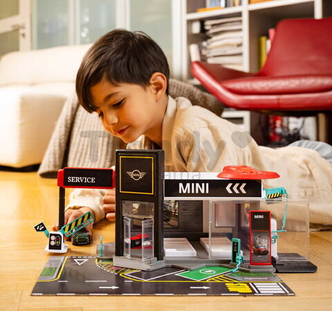Garaj cu platformă de prezentare Mini Showroom Majorette cu model metalic de mașinuță Mini 1:64, de la 5 ani