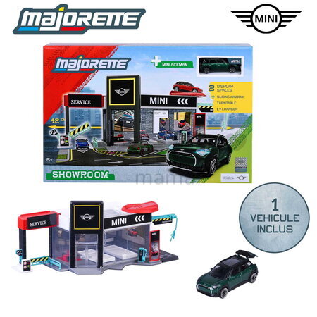 Garaj cu platformă de prezentare Mini Showroom Majorette cu model metalic de mașinuță Mini 1:64, de la 5 ani