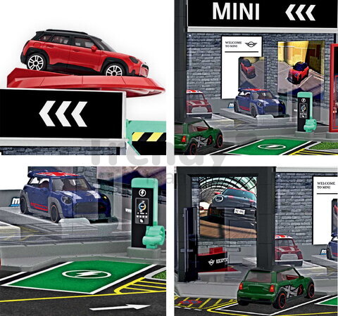 Garaj cu platformă de prezentare Mini Showroom Majorette cu model metalic de mașinuță Mini 1:64, de la 5 ani