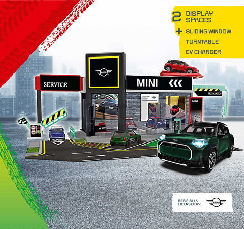 Garaj cu platformă de prezentare Mini Showroom Majorette cu model metalic de mașinuță Mini 1:64, de la 5 ani