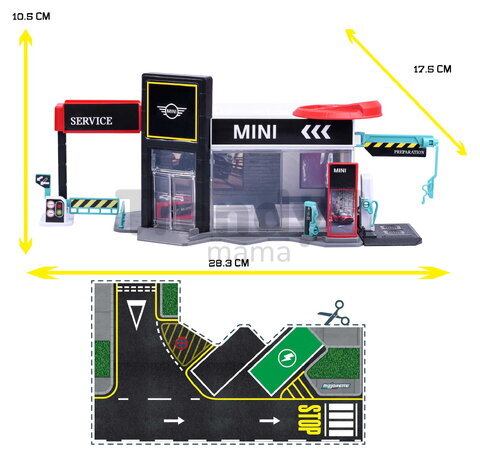 Garaj cu platformă de prezentare Mini Showroom Majorette cu model metalic de mașinuță Mini 1:64, de la 5 ani