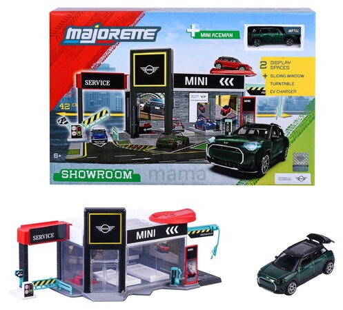 Garaj cu platformă de prezentare Mini Showroom Majorette cu model metalic de mașinuță Mini 1:64, de la 5 ani
