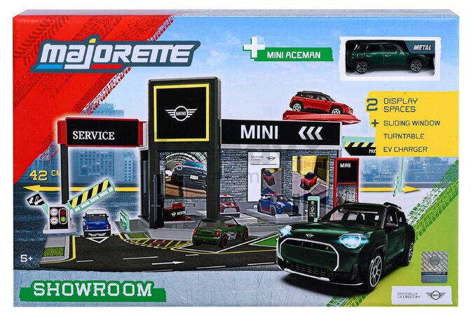 Garaj cu platformă de prezentare Mini Showroom Majorette cu model metalic de mașinuță Mini 1:64, de la 5 ani