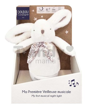 Plyšový zajačik Musical Night Light White Doudou et Compagnie s hudbou bielym šumom a svetlom biely 16 cm od 0 mes