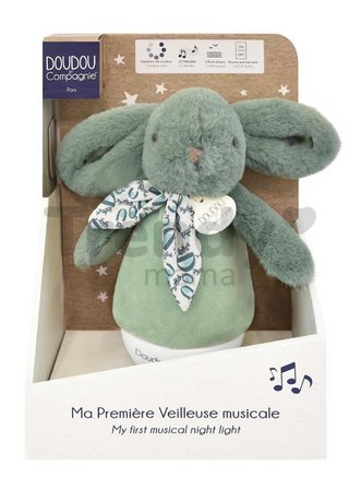 Plyšový zajačik Musical Night Light Sage Green Doudou et Compagnie s hudbou bielym šumom a svetlom zelený 16 cm od 0 mes