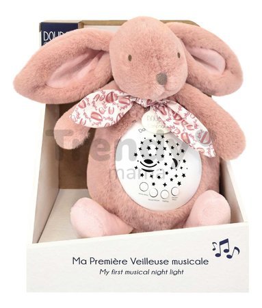 Plyšový zajačik Musical Night Light Star Projector Pink Doudou et Compagnie so svetlom hudbou a bielym šumom ružový 19 cm od 0 mes