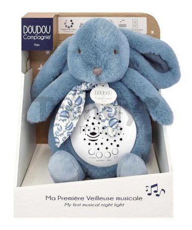 Plyšový zajačik Musical Night Light Star Projector Blue Doudou et Compagnie so svetlom hudbou a bielym šumom modrý 19 cm od 0 mes