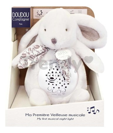 Plyšový zajačik Musical Night Light Star Projector White Doudou et Compagnie so svetlom hudbou a bielym šumom biely 19 cm od 0 mes