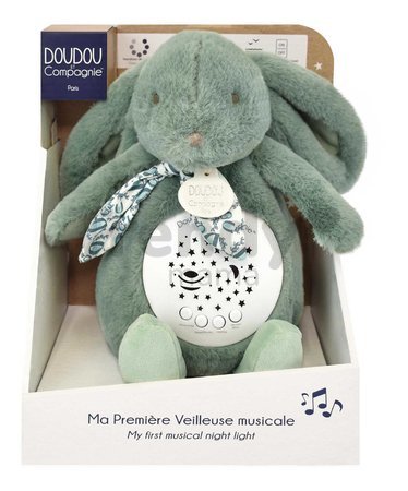 Plyšový zajačik Musical Night Light Star Projector Sage Green Doudou et Compagnie so svetlom hudbou a bielym šumom zelený 19 cm od 0 mes