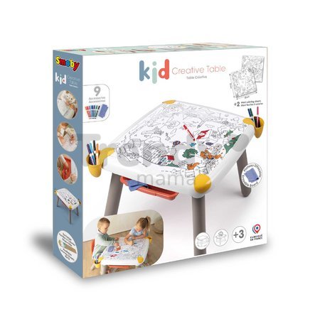 Kreatívny stôl pre deti na kreslenie Kid Creative Table Smoby s 3 odkladacími priestormi 11 doplnkov s fixkami a obrázkami 70*70*47 cm od 24 mes