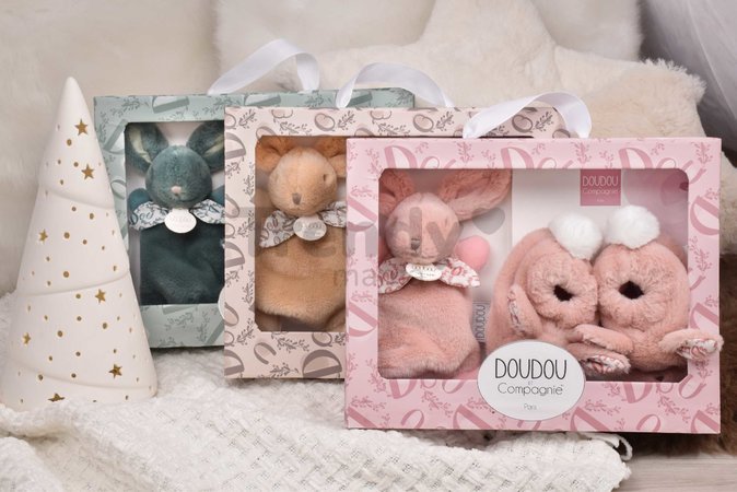 Darčeková sada pre bábätko Slipper Gift Set Beige Lapin Doudou et Compagnie papučky a zajačik na maznanie béžová 15 cm v darčekovom balení od 0 mes