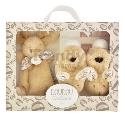 Darčeková sada pre bábätko Slipper Gift Set Beige Lapin Doudou et Compagnie papučky a zajačik na maznanie béžová 15 cm v darčekovom balení od 0 mes