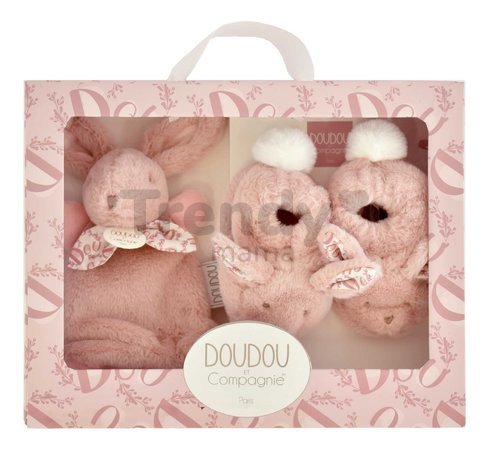 Darčeková sada pre bábätko Slipper Gift Set Pink Lapin Doudou et Compagnie papučky a zajačik na maznanie ružová 15 cm v darčekovom balení od 0 mes
