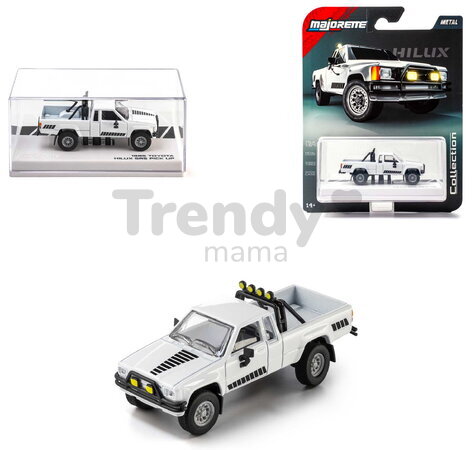 Autíčko Collection 1985 Toyota Hilux SR5 Pick Up Majorette mașinuță metalică în cutie de expunere, cu roți din cauciuc, lungime 7,5 cm, 1:64