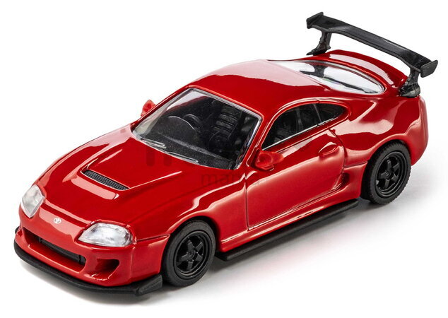 Autíčko Collection 1995 Toyota Supra Majorette mașinuță metalică în cutie de expunere, cu roți din cauciuc; lungime 7,5 cm; scara 1:64