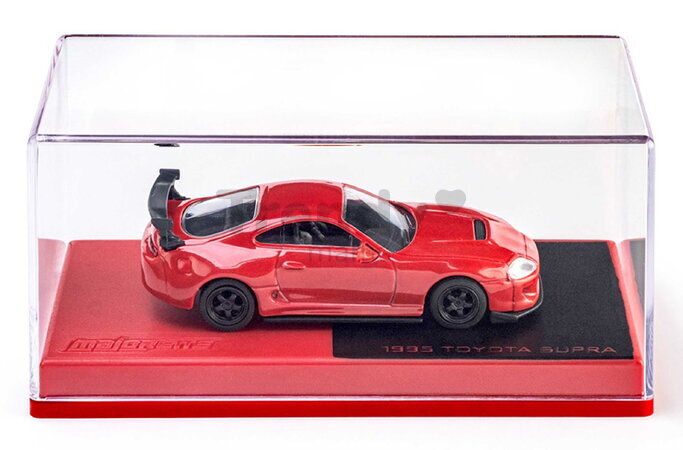 Autíčko Collection 1995 Toyota Supra Majorette mașinuță metalică în cutie de expunere, cu roți din cauciuc; lungime 7,5 cm; scara 1:64