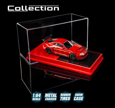Autíčko Collection 1995 Toyota Supra Majorette mașinuță metalică în cutie de expunere, cu roți din cauciuc; lungime 7,5 cm; scara 1:64