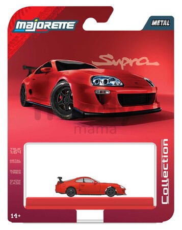 Autíčko Collection 1995 Toyota Supra Majorette mașinuță metalică în cutie de expunere, cu roți din cauciuc; lungime 7,5 cm; scara 1:64