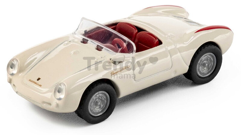 Autíčko Collection 1955 Porsche Spyder Majorette mașinuță metalică în cutie de expunere, cu roți din cauciuc; lungime 7,5 cm; scara 1:64