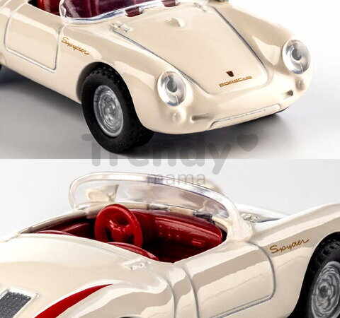 Autíčko Collection 1955 Porsche Spyder Majorette mașinuță metalică în cutie de expunere, cu roți din cauciuc; lungime 7,5 cm; scara 1:64