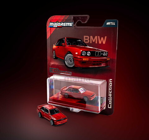 Mașinuță Collection 1986 BMW M3 Majorette mașinuță metalică în cutie de expunere, cu roți din cauciuc; lungime 7,5 cm; 1:64