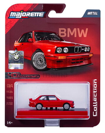 Mașinuță Collection 1986 BMW M3 Majorette mașinuță metalică în cutie de expunere, cu roți din cauciuc; lungime 7,5 cm; 1:64