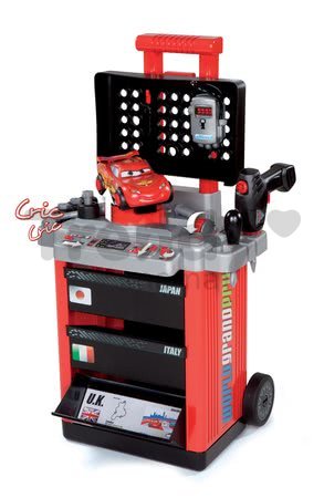 Pracovný vozík Autá 2 Pit Stop Smoby s mechanickou vŕtačkou, autom McQueen a 25 doplnkami