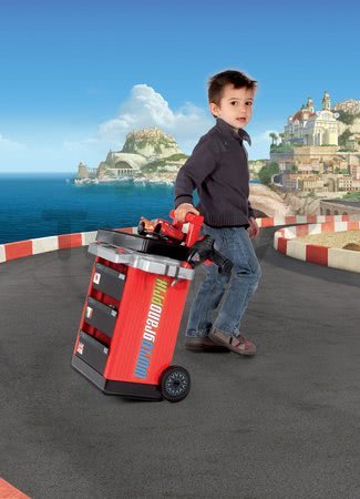 Pracovný vozík Autá 2 Pit Stop Smoby s mechanickou vŕtačkou, autom McQueen a 25 doplnkami