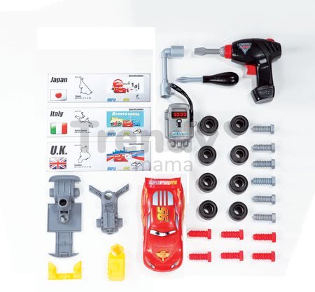 Pracovný vozík Autá 2 Pit Stop Smoby s mechanickou vŕtačkou, autom McQueen a 25 doplnkami